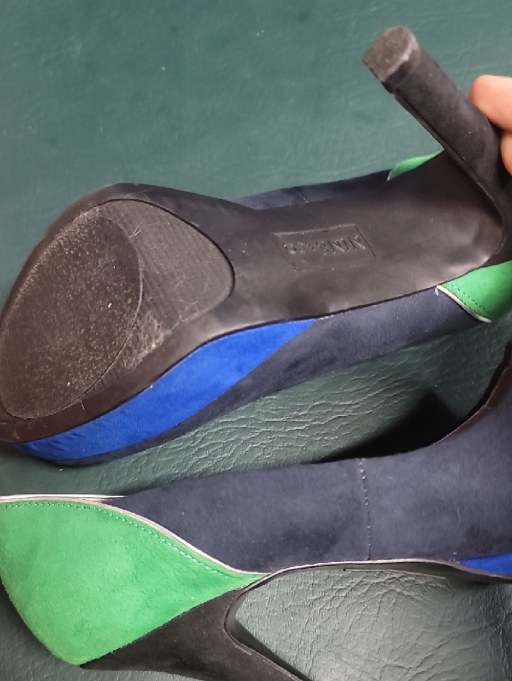 Nine&Co. Navy Suede Heels with Green And Royal Blue  Accent. - Picture 3 of 5